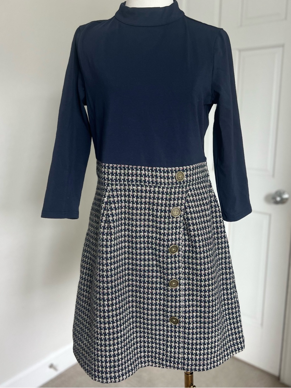 ModCloth Navy Houndstooth Tweed Mock Neck Keyhole A-Line Dress Large Academia